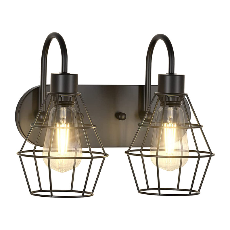 Black Metal Cage 2-Light Dimmable Vanity Fixture