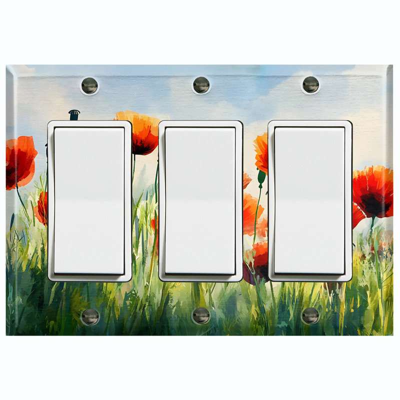 Couvercle de plaque d'interrupteur en métal; Fauteuil à bascule GFI - Poppy Wildflowers, Triple GFI / berçant # 7