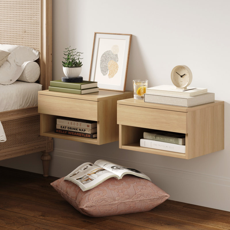 Light Oak Floating Nightstand with Drawer and Open Shelf, Set of 2