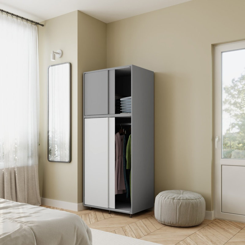 4 Door Solid Wood Wardrobe, Grey/White