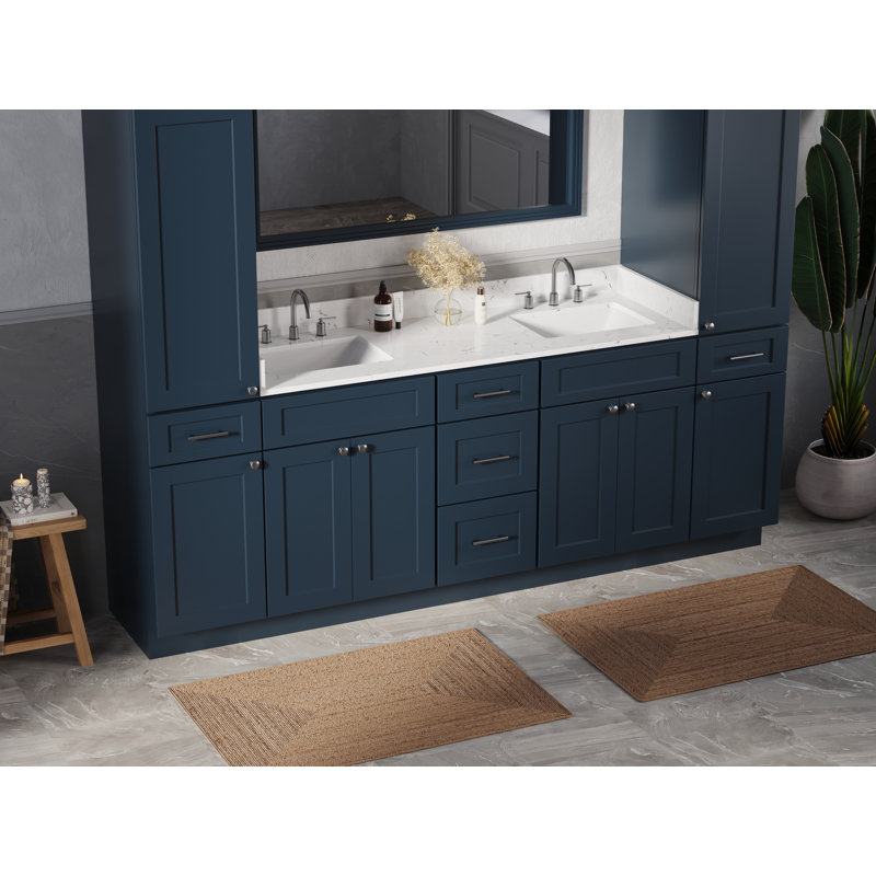Ensemble de meuble-lavabo double autoportant 93 po avec comptoir en quartz de Carrare, ensemble de 5 pièces et armoires en lin