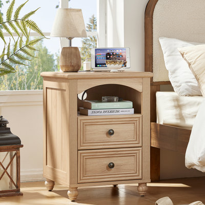 18" Farmhouse Night Stand With Charging Station,Wood Nightstand With 2 Drawers, Bedside End Table With Shelf Storage, Bed Side Tables Cabinet For Bedroom, Living Room, And Closet