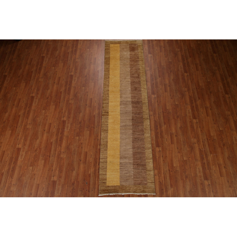 Tapis de couloir rayé jaune / brun en laine noué à la main 2 pi 7 po x 10 pi 1 po