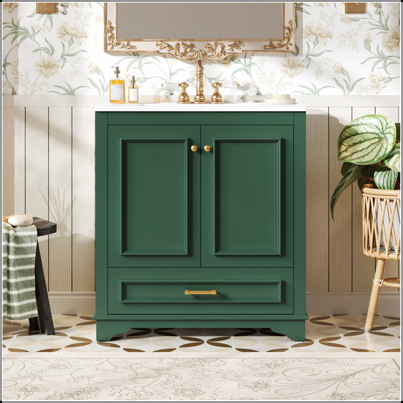 Meuble-lavabo de 30 pouces avec lavabo en céramique et portes à fermeture douce, armoire de rangement en bois massif pour espaces compacts