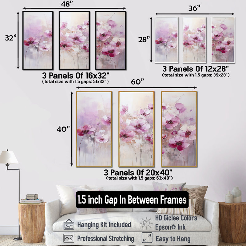 Ensemble d'art mural Fuschia, Cadre naturel flottant, H 32 po x l 48 po x P 1 po