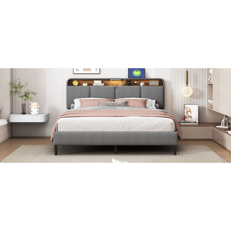 Lit plateforme tapissier avec tête de lit à rangement, capteur de lumière et ensemble de prises et ports USB, Gris, Grand lit