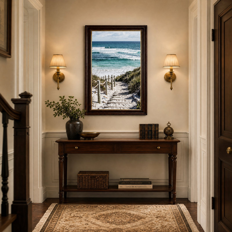 Toile en bois menant aux vagues de l'océan turquoise, H 18 po x l 12 po