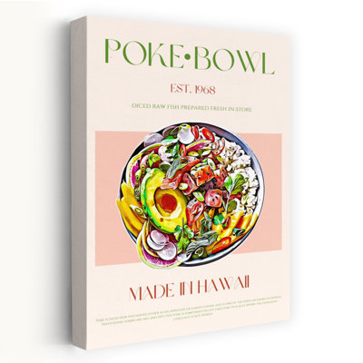 «Fresh Hawaiian Poke Bowl», art contemporain de poissons tropicaux colorés, architecture tropicale