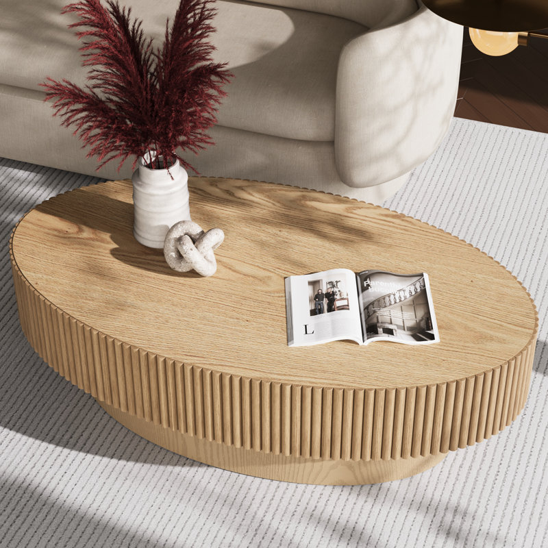 Table basse ovale cannelée en bois massif 45 po Alethia, Chêne naturel