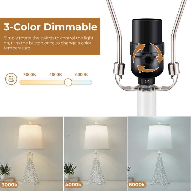 Khrysten 24" Modern Table Lamp Paris Tower Base with 3-Colour Temperature Bedside Table Lamp (Bulbs Included), White