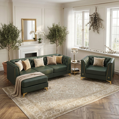 3-Piece Light Luxury Chesterfield Sofa Set, 81.5" 3-Seater + 40.1" Armchair + Ottoman, Faux Leather Couch with Button Tufting, Metal Trim Arms & Tapered Legs, Includes 4 Pillows