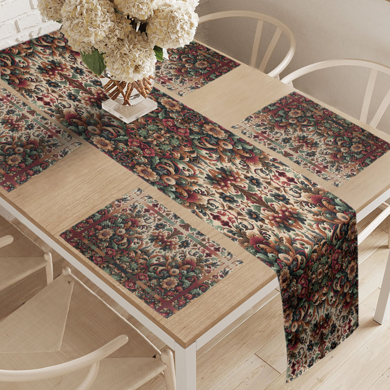 Ruby Green and Camel Floral Table Runner and Placemat Set