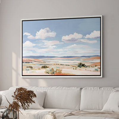 Framed Canvas Wall Art - Bright Open Desert Landscape with Blue Sky and Gentle Brush Forms - 16"x24", 24"x36"