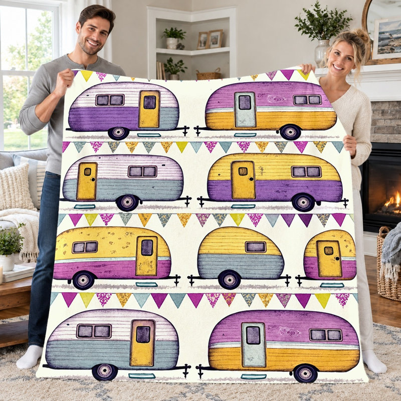 1pc Retro Camper Blanket, Vintage Travel Trailer Pattern Flannel Throw, Soft Cozy Lightweight Blanket for Sofa Couch Bed Living Room Dorm Office Travel, Home Decor All-Season Throw, Machine Washable Gift