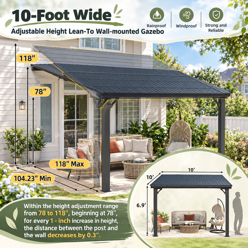 Pergola d'extérieur à hauteur ajustable pour terrasse, 82.8" H x 120" W x 120" D