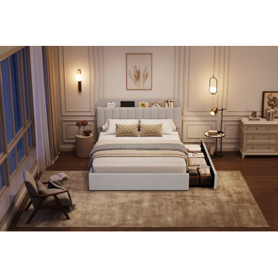 Full Platform Bed Frame, Faux Fur Upholstered Bed Frame with Storage Headboard, 2 Rolling Drawers, Modern Gray Bedframe for Bedroom, Noise Free, No Bo