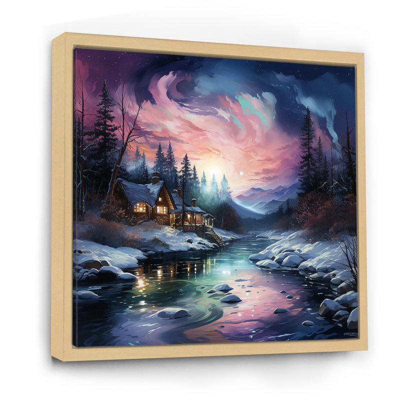 Aurore boréale, paysage d'hiver, H 24 po x l 24 po x P 1 po, Cadre naturel flottant