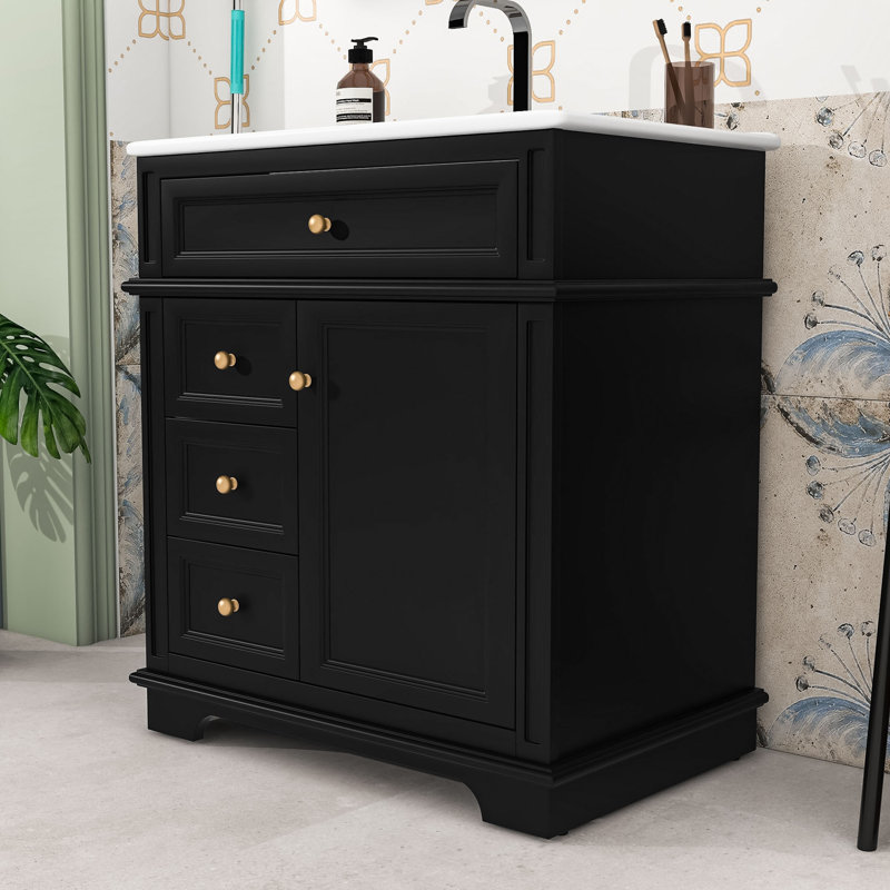Meuble-lavabo simple contemporain avec lavabo en céramique lisse, porte à fermeture douce et grand espace de rangement, Noir