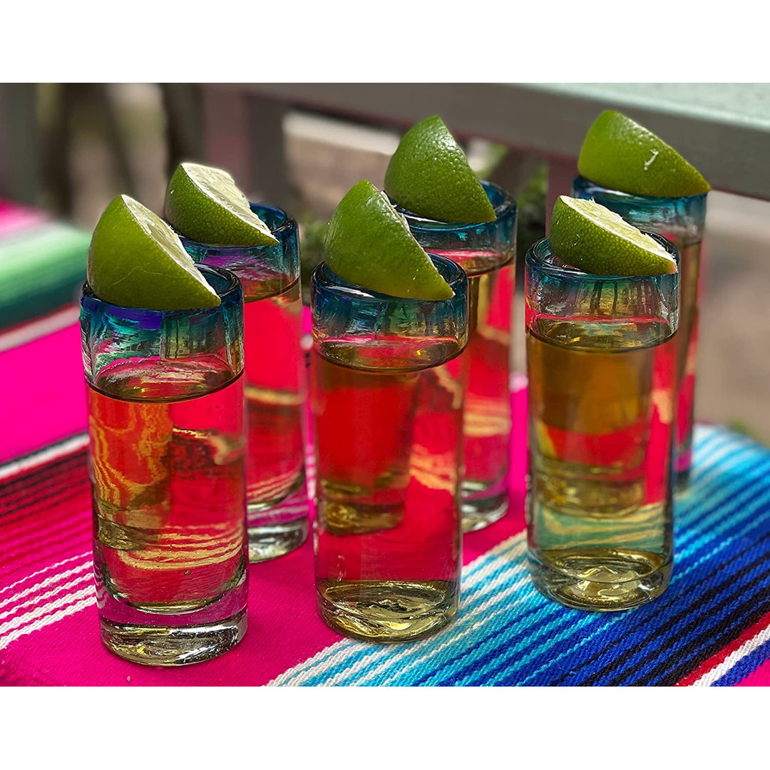 Hand Blown Mexican Glassware - Aqua Rim 2 Oz. Tequila Shot Glasses (Set of 6) Latitude Run®