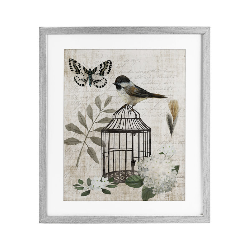 «Vintage Menagerie Bird Florals», reproduction encadrée sous verre, design par Nan, H 16 po x l 13 po, Cadre de ferme gris