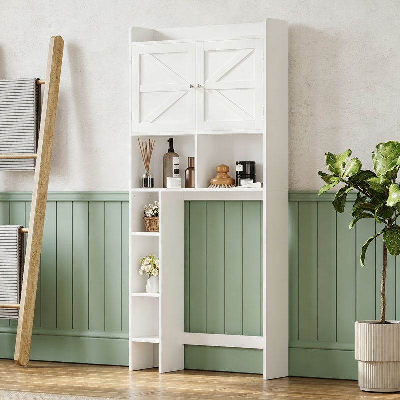 Armoire de rangement au-dessus de la toilette avec tablette réglable, économiseur d'espace de salle de bain avec portes doubles et tablettes ouvertes, support de rangement de toilette autoportant pour le rangement de la salle de bain - Blanc