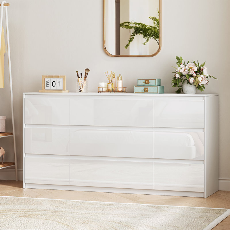 60'' White Dresser for Bedroom, Modern High Gloss 9 Drawer Dresser for Living Room, Hallway