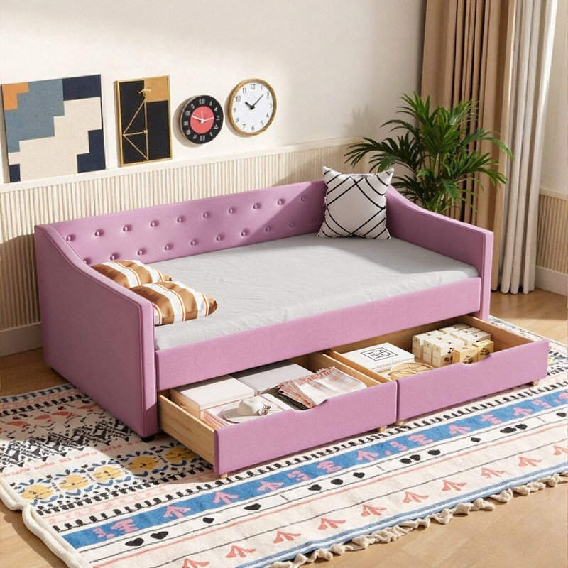 Twin Size Upholstered Daybed with Storage Drawers, Tufted Back Sofa Bed, Twin, Pink