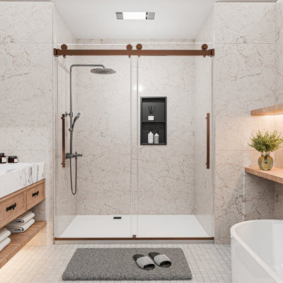 56-60 in. W x 74 in. H Semi-Frameless Double Sliding Shower Door, 1/4" Clear Tempered Glass, Oil Rubbed Bronze
