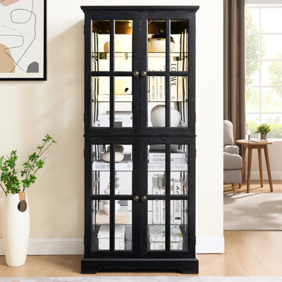 Cherry Glass Cabinet With Doors, Adjustable Shelving, - Proof Design, And Included E26 Bulb For Interior Showcase Black Antique Storage, , Design Collectibles Display