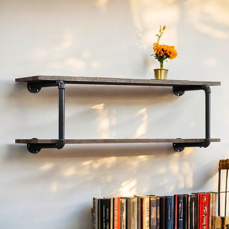 Support mural avec style - finition chêne antique et gris sablé, 2 pour le rangement, structure en tube de métal, attrait pour matériaux mixtes, installation facile, gris polyvalent, optimisation de l'espace sur les tablettes, métal