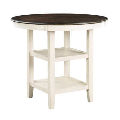 Table à hauteur de comptoir, brun et blanc antique, transitionnel, 2 tablettes, placage, bois d'ingénierie, 4 tables de salle à manger de style transitionnel en placage et sièges 4
