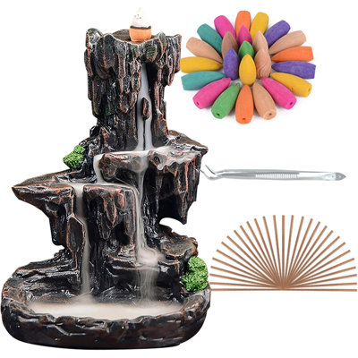 Waterfall Monk Incense Burner Holders with 120 Backflow Incense Cones,30 Incense Stick