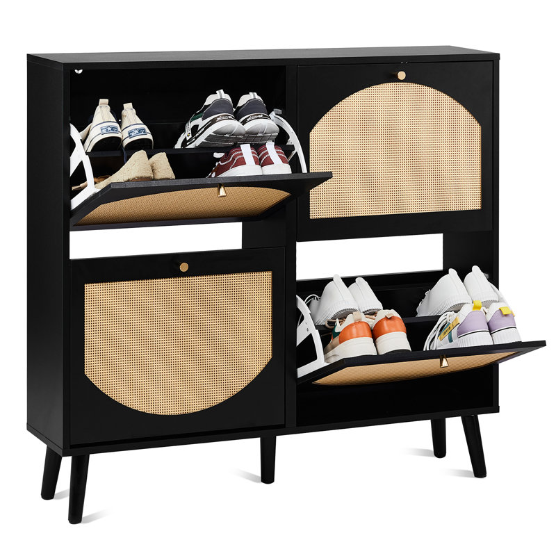 Bostynn 41.3" W 4-Drawer Rattan Flip Down Shoe Storage, Black/Gold
