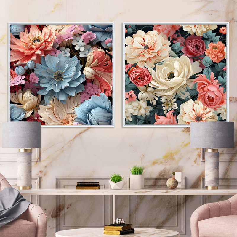 Motif de jardin victorien aux tons pastel - ensemble de collage carré floral de 2, Cadre flottant blanc, H 36 po x l 73 po