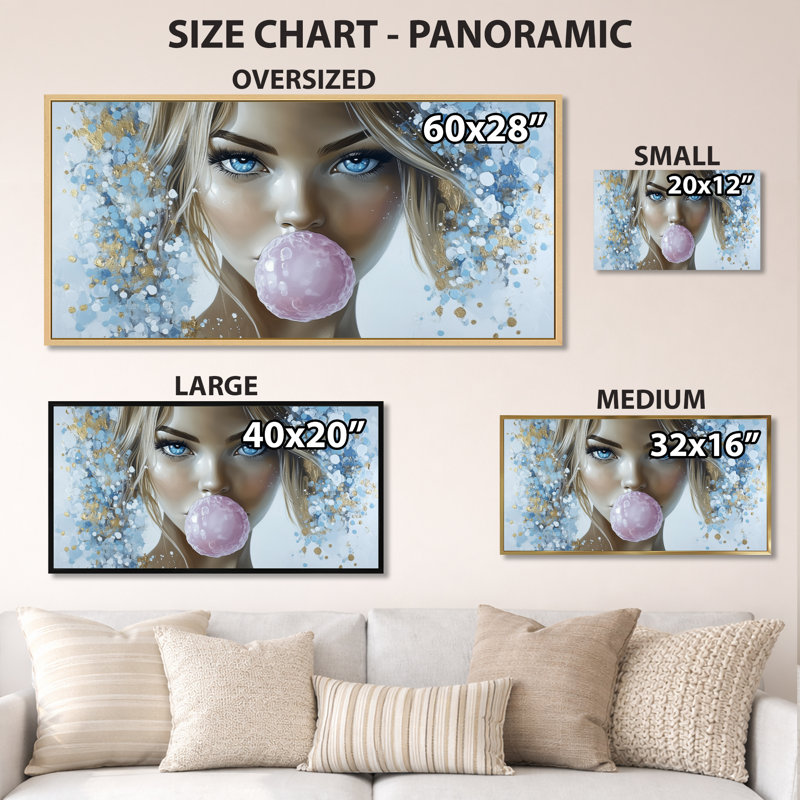 «Pink Blue Bubblegum Queen Portrait I - Pink Pop Art», impression sur toile encadrée colorée, H 28 po x l 60 po