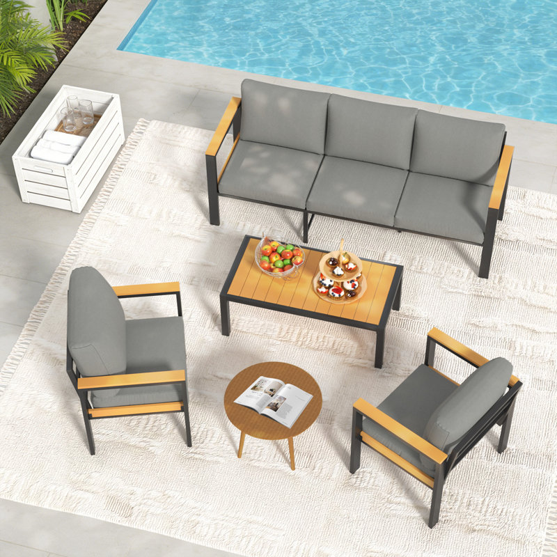 4PCS Patio Furniture Set, All-Weather Aluminum Outdoor Conversation Set With Coffee Table, Gray