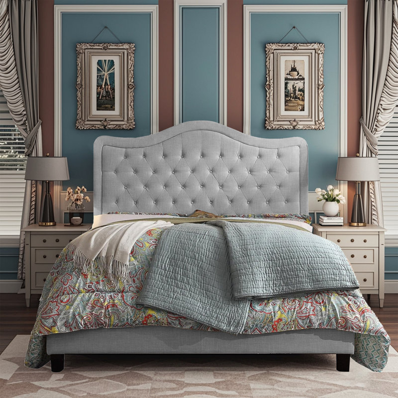Structure de lit rembourrée en tissu avec tête de lit réglable, support à lattes de bois, lit plateforme capitonné, Gris