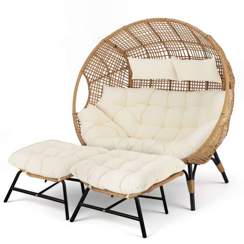 Daleigh 2-Person Double Egg Chair Loveseat with 2 Ottomans, 57" Wide Wicker Rattan Lounge Chair, 5" Thick Cushions, 690-lb Capacity