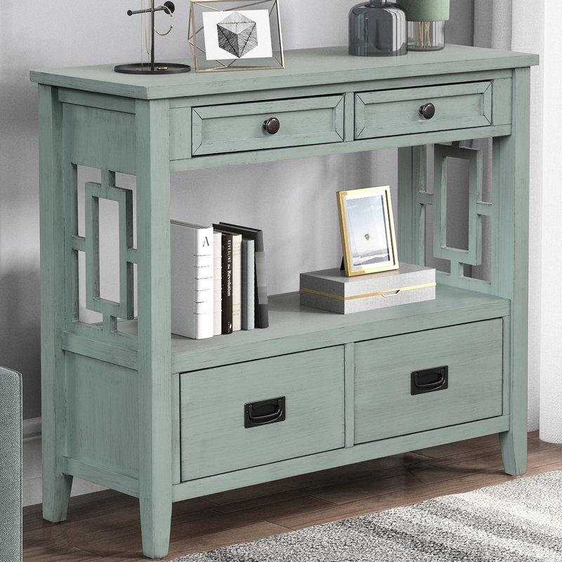 Console rétro bleue avec 4 tiroirs et une étagère, en pin massif, idéale pour la chambre, le salon ou l'entrée.
