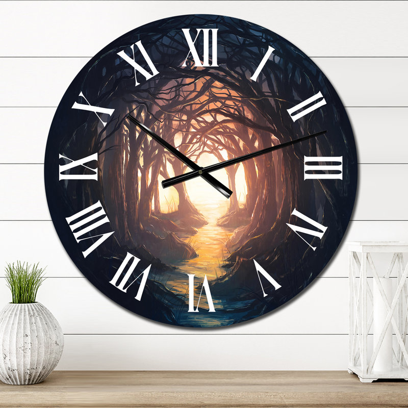 Une forêt sombre menant à une horloge murale colorée et lumineuse, Surdimensionné