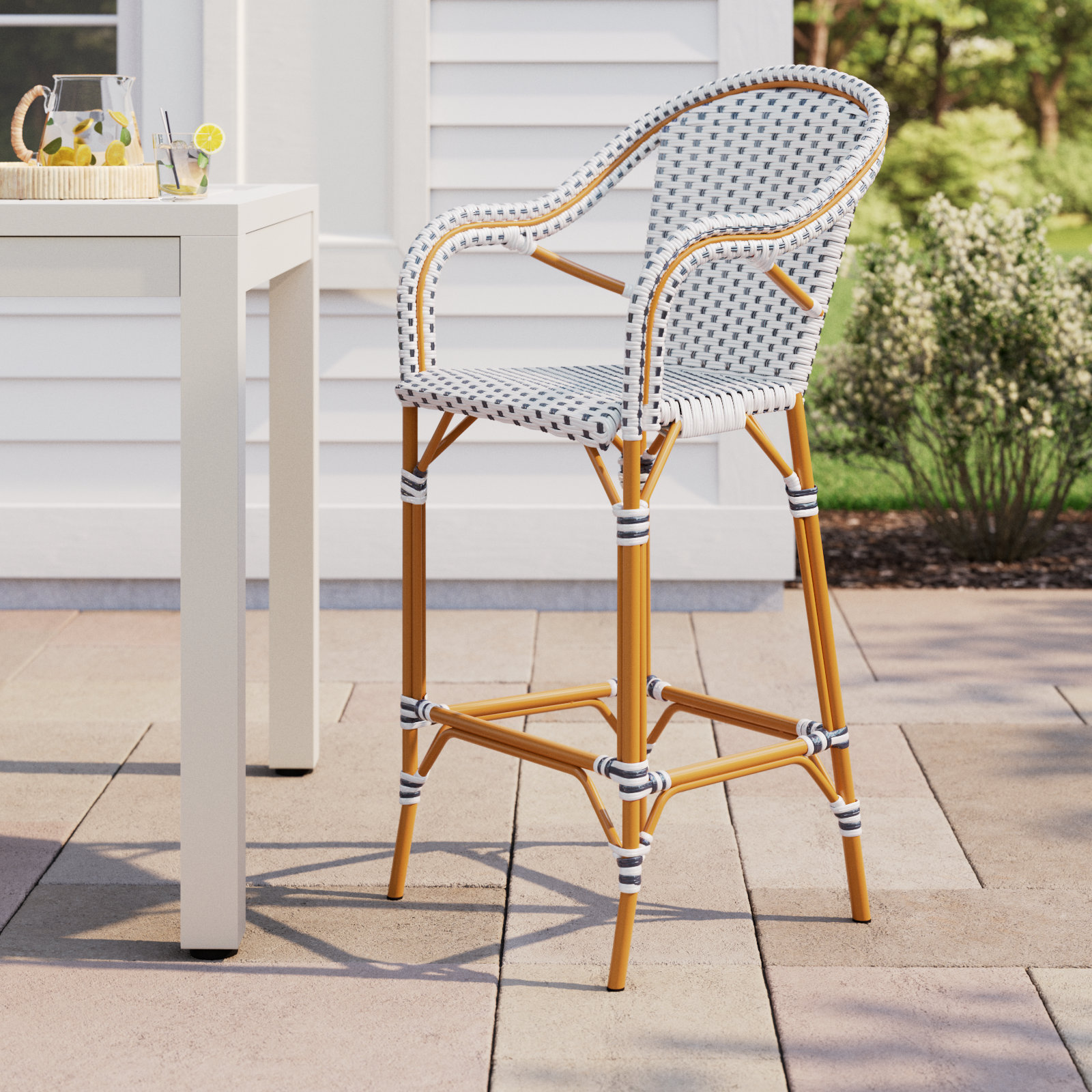 Popplewell 46.5'' Aluminum Outdoor Bar Stool, White/Navy, 29.5" H x 22.5" W x 25.5" D
