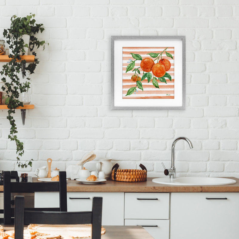 Impression de vigne orange vif vif encadrée sous verre, design par Paul Brent, H 13 po x l 13 po, Cadre de ferme gris