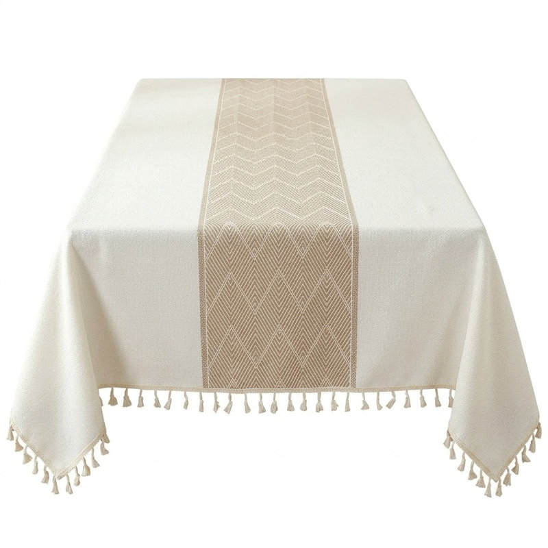 Boho Faux Linen Waterproof Tablecloth with Tassels - Stain Resistant
