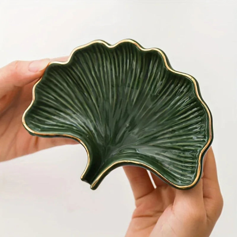 Soap Dish - Ceramic Golden Leaf, White