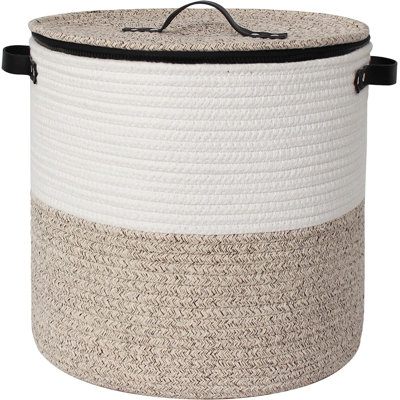 Panier de rangement avec couvercle, rangement de couverture tissé pour le salon, bac rond en corde de coton avec fermeture à glissière, panier à chaussures avec couvercle pour entrée, brun
