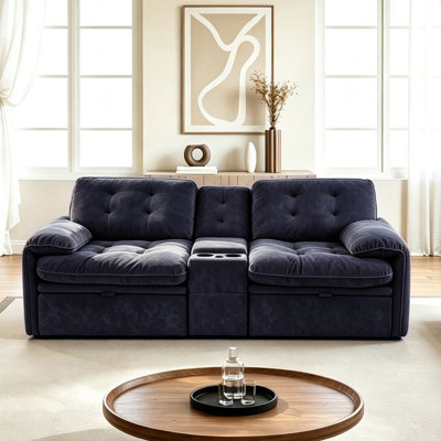 83.86" Cloud Modular Sectional Sofa, Oversized Upholstered Couch with Center Console, Cup Holders & Pull-out Ottoman, Deep Seat Fluffy Fabric Sofa for Living Room