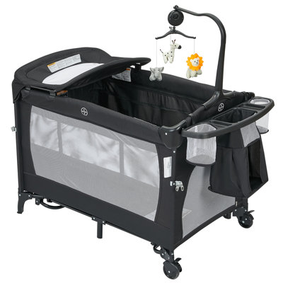 Parc portatif 4 en 1, lit de bébé, berceau, changeur de couches, ensemble pour bébé et grand parc pour enfant avec table à langer, pochette de rangement, matelas, barre à jouets rotative