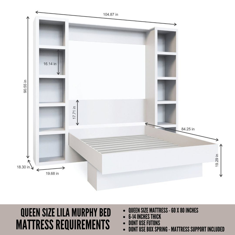 Easy-Lift Murphy Wall Bed in Wood Grain with Two Bookshelves, Queen, Black