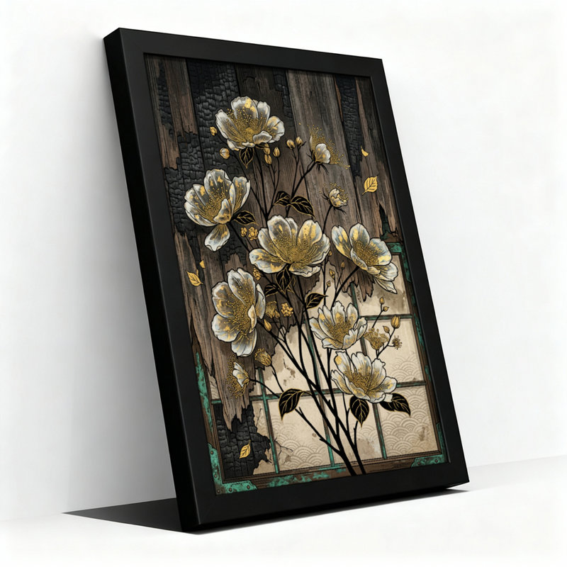 Toile noire encadrée en bois noir pour le salon, la chambre à coucher, le bureau ou le vestibule - décoration murale décorative avec bois floral