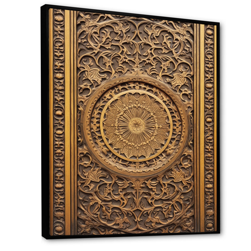 Vieille porte en bois sculpté vii sur toile, 32" H x 24" W, Cadre flottant noir